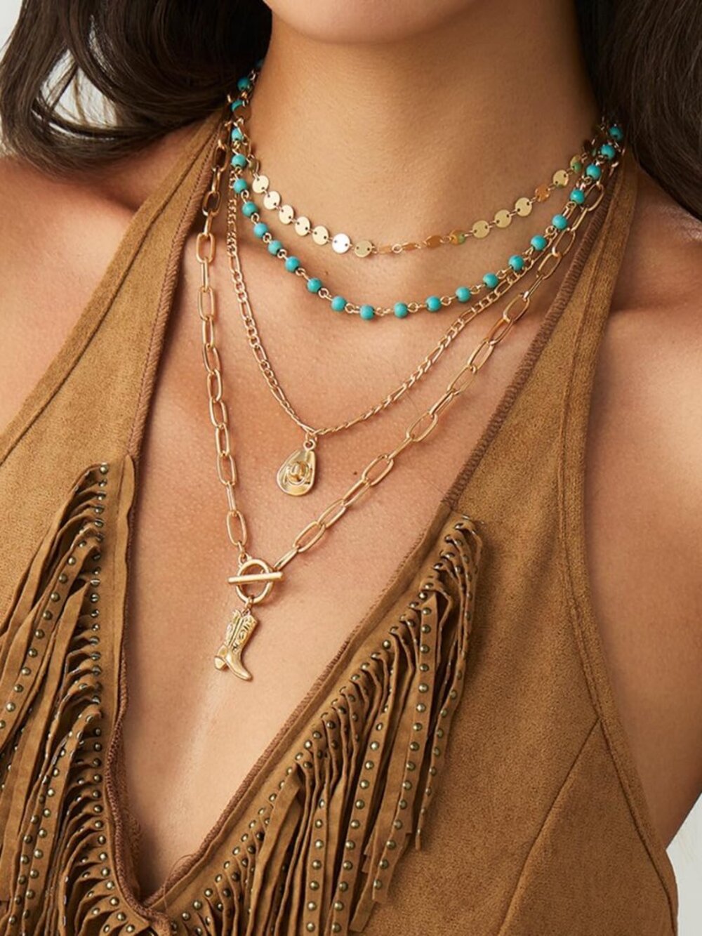 Layered Boho Necklaces for Women Turquoise Western Jewelry for Women Cactus Ox-H - Picture 6 of 7